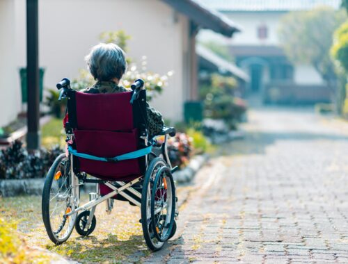 A person seen from behind, is sitting in a wheelchair, alone on a sunny street.