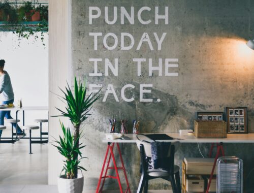 A desk with a green plant beside it is seen, on the wall behind it is written Punch today in the face. A woman is seen beside a dining table in the background